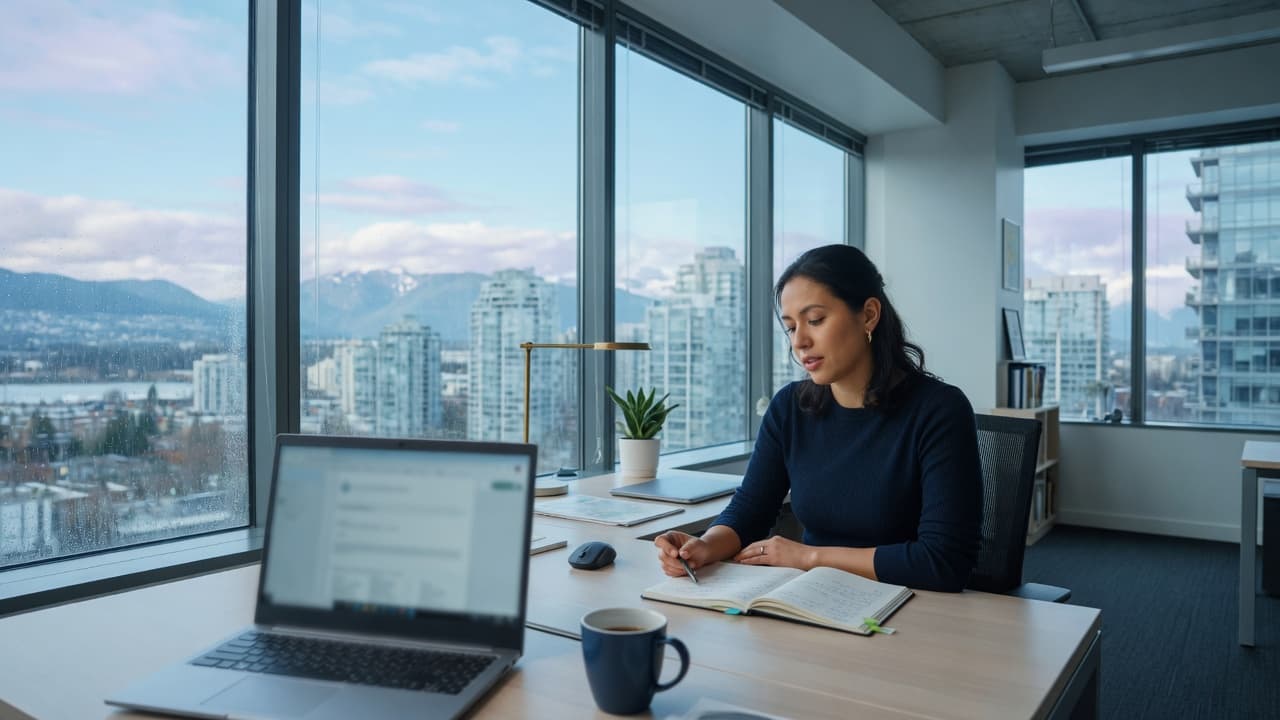 A developer at a standing desk with code on screen, city and sky beyond the glass.