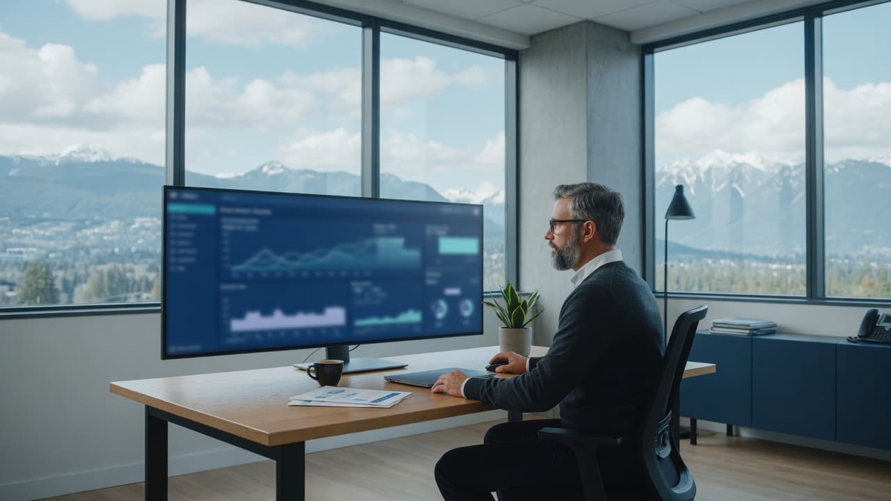 A security specialist at a wide monitor in a British Columbia office.